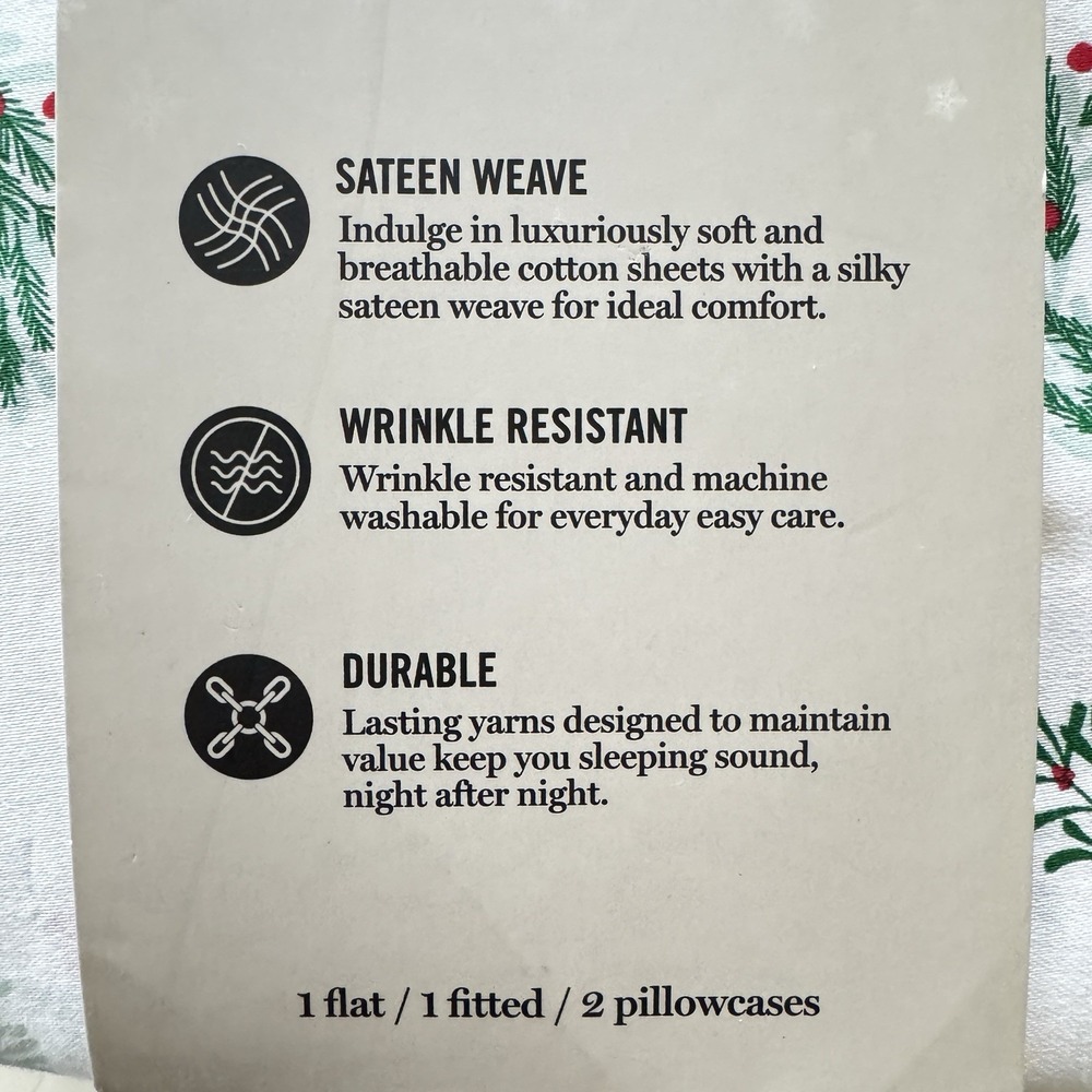 New Martha Stewart Holiday Collection Christmas Wreath QUEEN Sheet Set Cotton - Picture 2 of 4